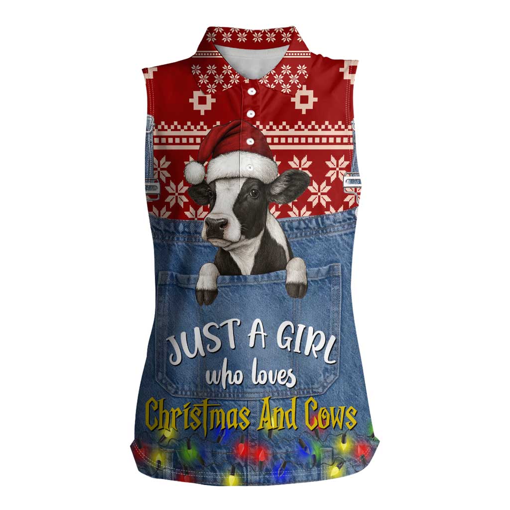 Just A Girl Who Loves Christmas And Cows Christmas Women Sleeveless Polo Shirt Funny Xmas Holiday Patterns - Wonder Print Shop