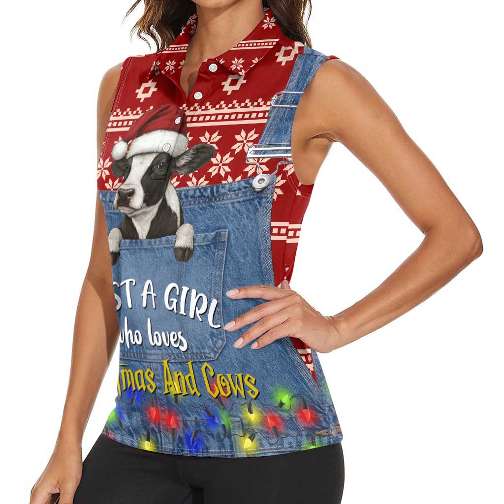 Just A Girl Who Loves Christmas And Cows Christmas Women Sleeveless Polo Shirt Funny Xmas Holiday Patterns - Wonder Print Shop