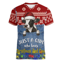 Just A Girl Who Loves Christmas And Cows Christmas Women V-Neck T-Shirt Funny Xmas Holiday Patterns - Wonder Print Shop