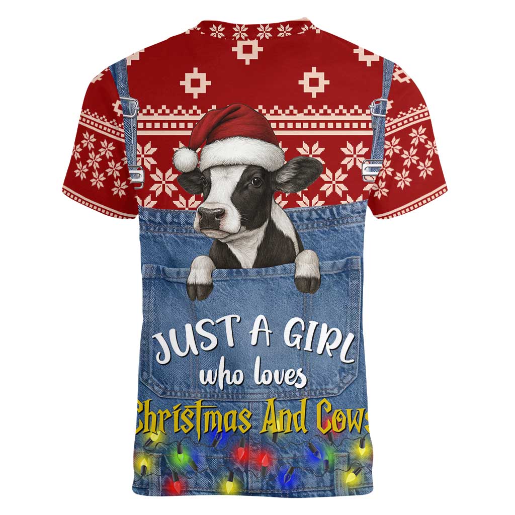 Just A Girl Who Loves Christmas And Cows Christmas Women V-Neck T-Shirt Funny Xmas Holiday Patterns - Wonder Print Shop