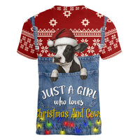 Just A Girl Who Loves Christmas And Cows Christmas Women V-Neck T-Shirt Funny Xmas Holiday Patterns - Wonder Print Shop