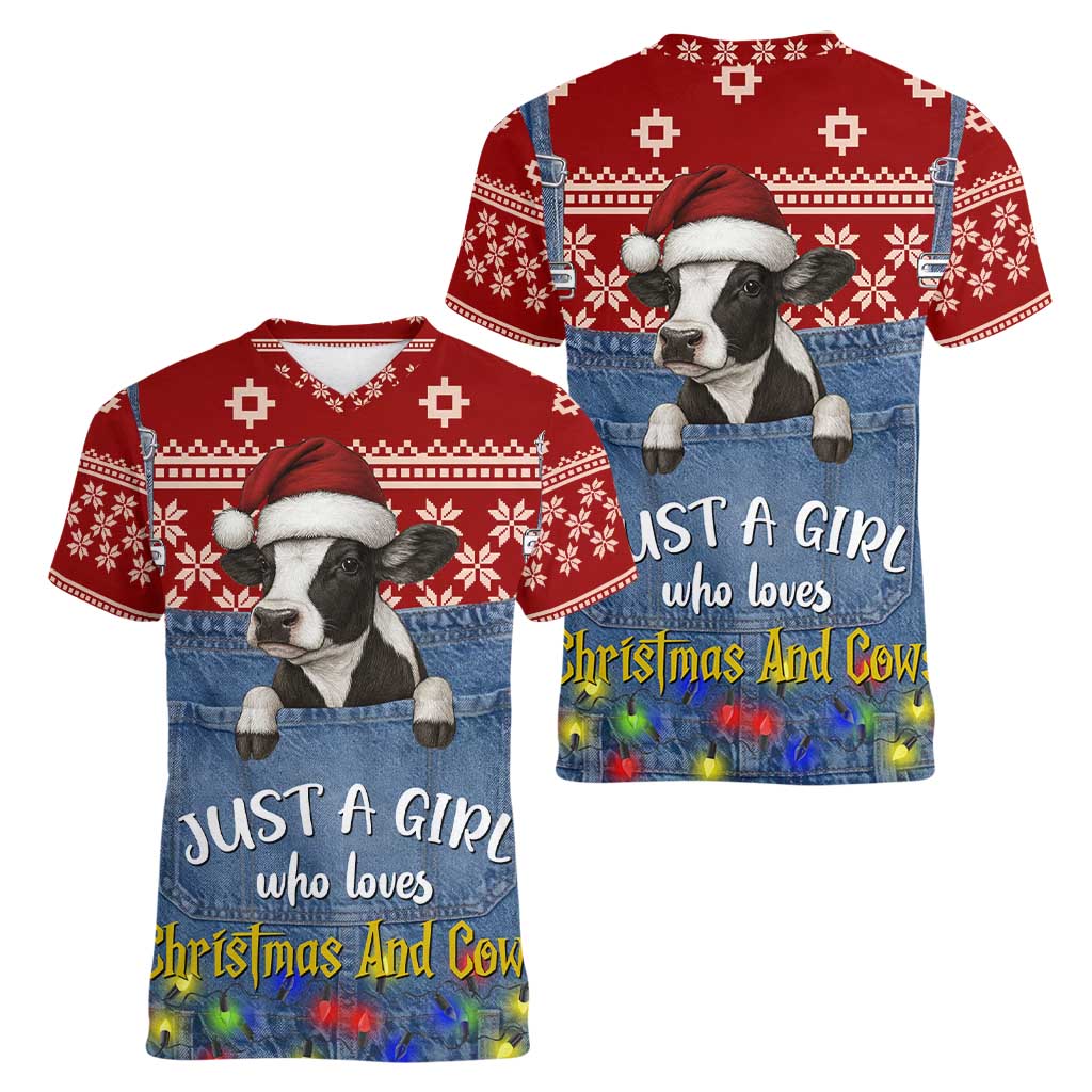 Just A Girl Who Loves Christmas And Cows Christmas Women V-Neck T-Shirt Funny Xmas Holiday Patterns - Wonder Print Shop
