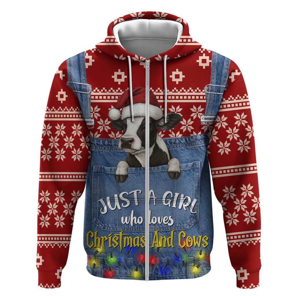 Just A Girl Who Loves Christmas And Cows Christmas Zip Hoodie Funny Xmas Holiday Patterns - Wonder Print Shop