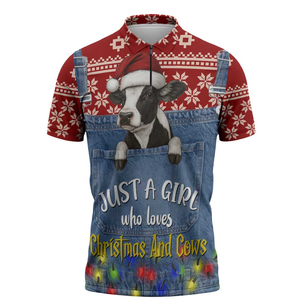 Just A Girl Who Loves Christmas And Cows Christmas Zipper Polo Shirt Funny Xmas Holiday Patterns - Wonder Print Shop