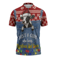 Just A Girl Who Loves Christmas And Cows Christmas Zipper Polo Shirt Funny Xmas Holiday Patterns - Wonder Print Shop