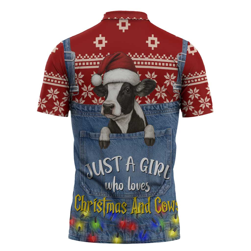 Just A Girl Who Loves Christmas And Cows Christmas Zipper Polo Shirt Funny Xmas Holiday Patterns - Wonder Print Shop