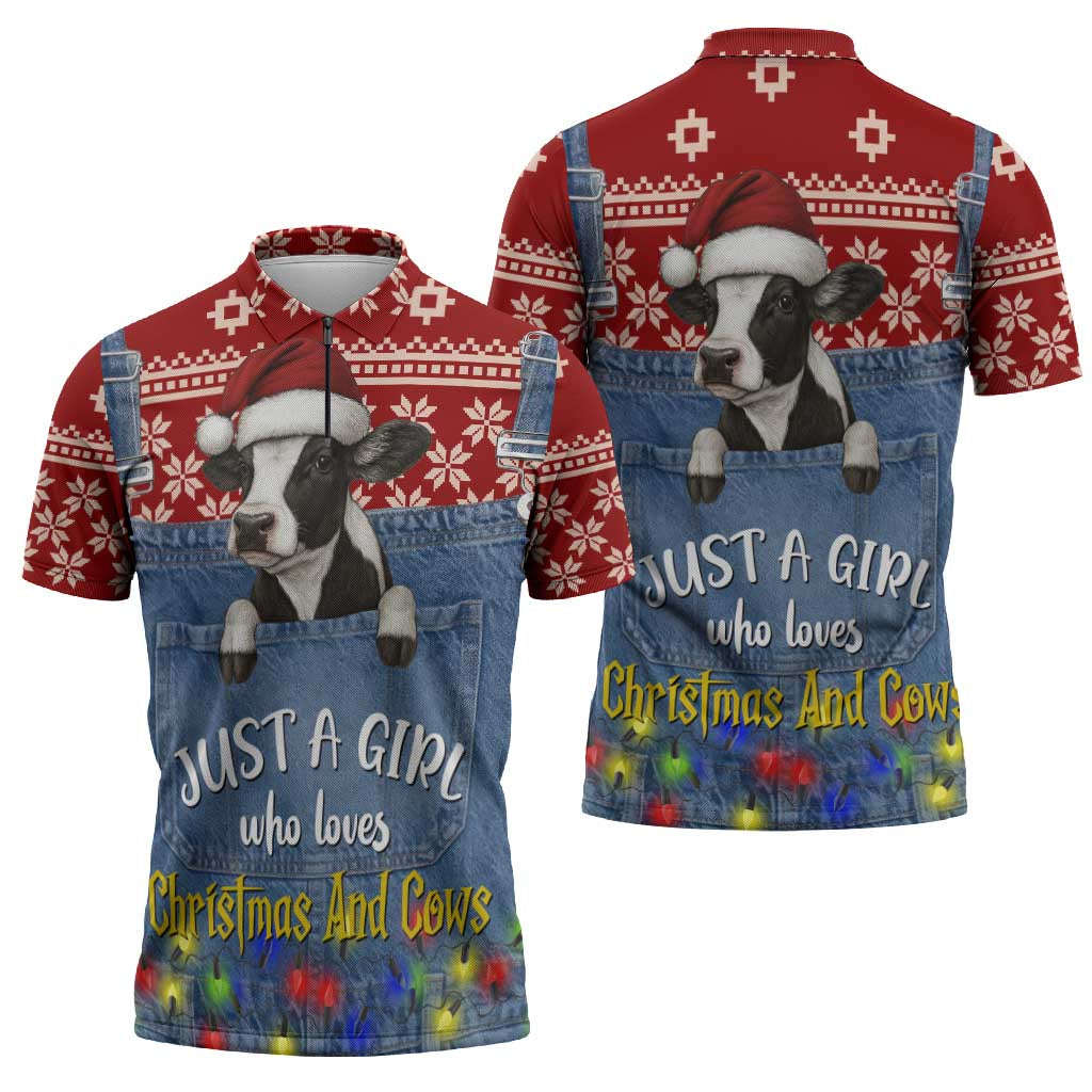 Just A Girl Who Loves Christmas And Cows Christmas Zipper Polo Shirt Funny Xmas Holiday Patterns - Wonder Print Shop