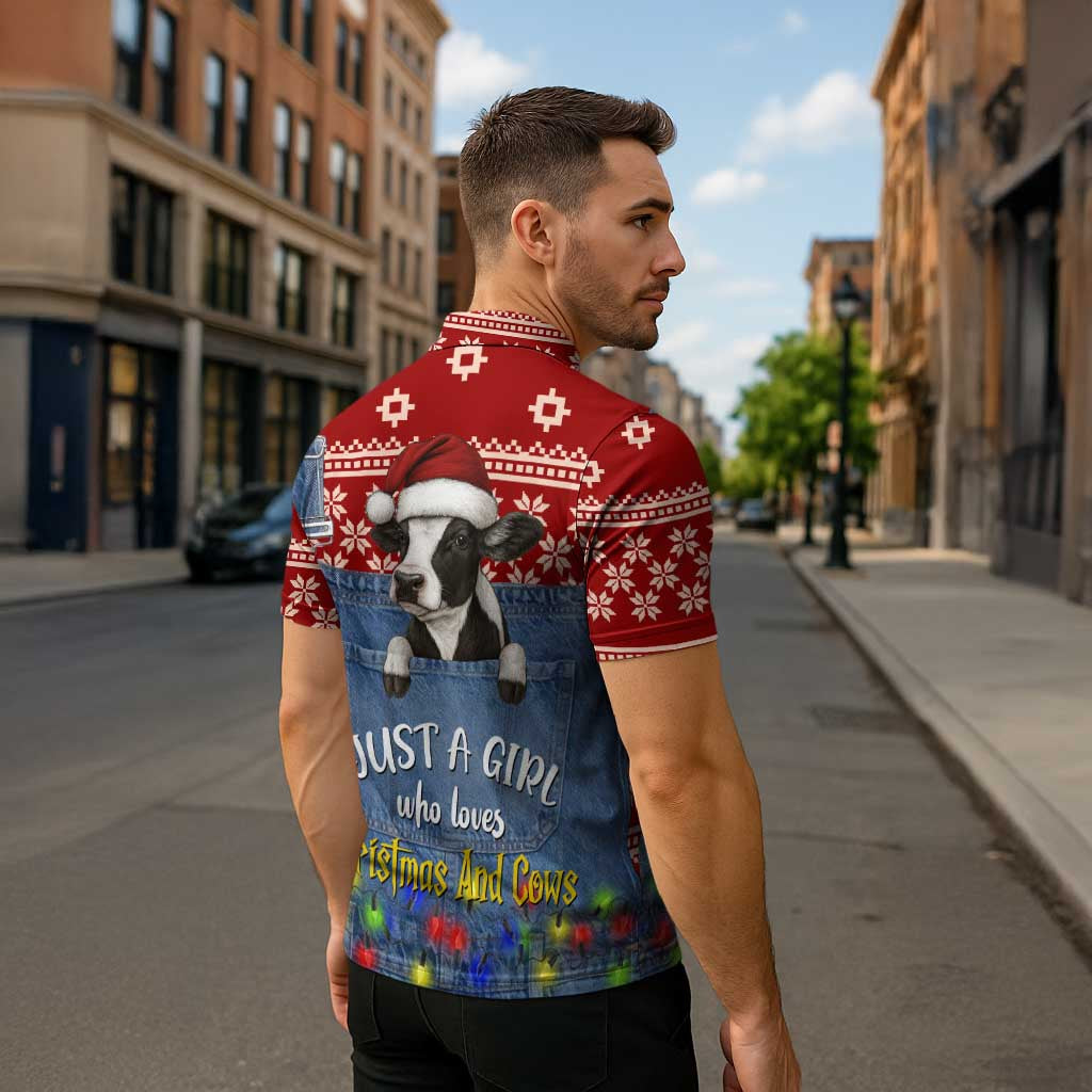 Just A Girl Who Loves Christmas And Cows Christmas Zipper Polo Shirt Funny Xmas Holiday Patterns - Wonder Print Shop
