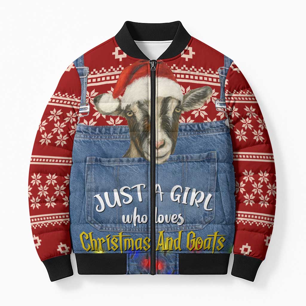 Just A Girl Who Loves Christmas And Goats Ugly Christma Bomber Puffer Jacket Funny Xmas Holiday Patterns - Wonder Print Shop