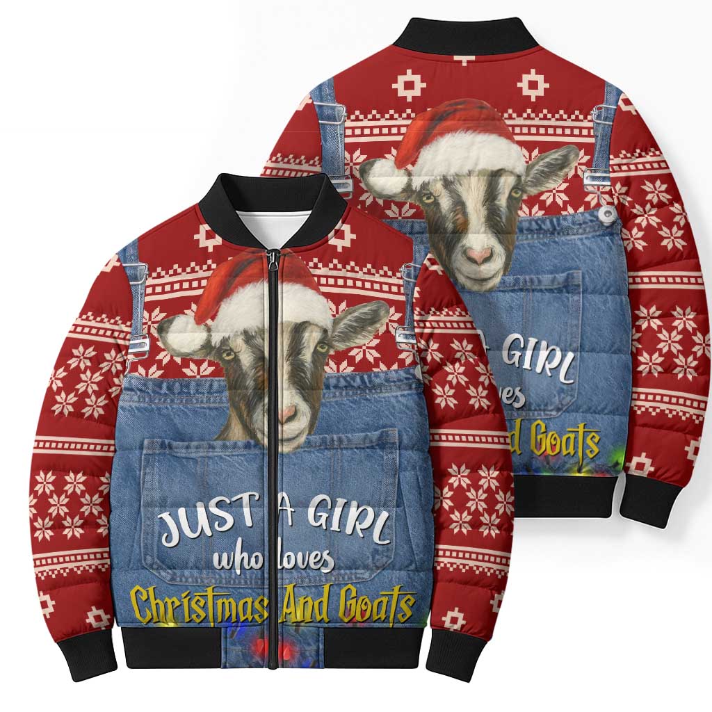 Just A Girl Who Loves Christmas And Goats Ugly Christma Bomber Puffer Jacket Funny Xmas Holiday Patterns - Wonder Print Shop