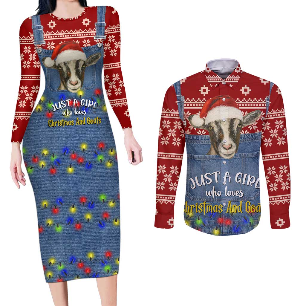 Just A Girl Who Loves Christmas And Goats Ugly Christma Couples Matching Long Sleeve Bodycon Dress and Long Sleeve Button Shirt Funny Xmas Holiday Patterns - Wonder Print Shop