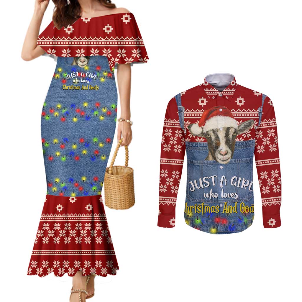 Just A Girl Who Loves Christmas And Goats Ugly Christma Couples Matching Mermaid Dress and Long Sleeve Button Shirt Funny Xmas Holiday Patterns - Wonder Print Shop