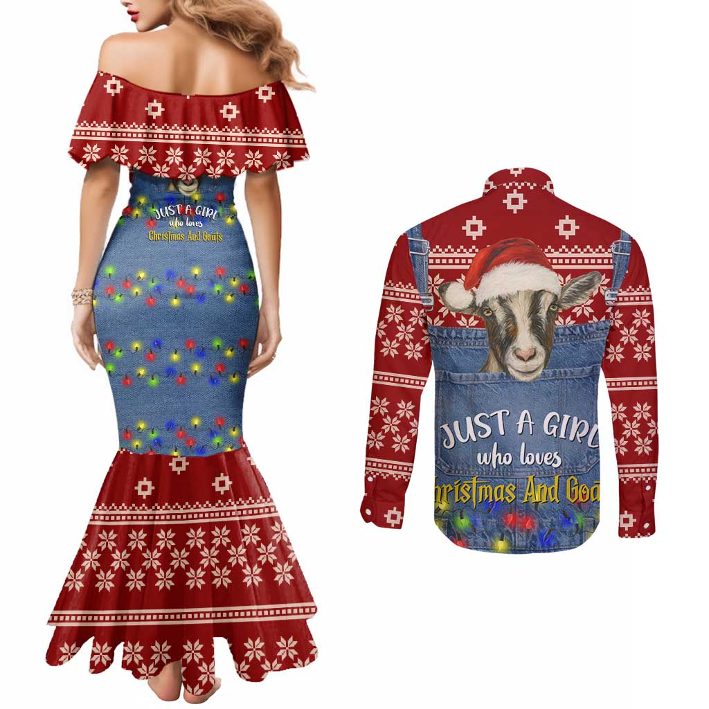 Just A Girl Who Loves Christmas And Goats Ugly Christma Couples Matching Mermaid Dress and Long Sleeve Button Shirt Funny Xmas Holiday Patterns - Wonder Print Shop