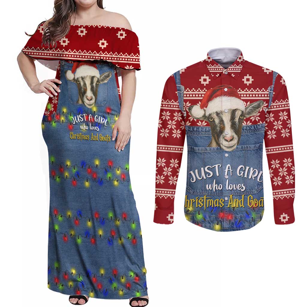 Just A Girl Who Loves Christmas And Goats Ugly Christma Couples Matching Off Shoulder Maxi Dress and Long Sleeve Button Shirt Funny Xmas Holiday Patterns - Wonder Print Shop