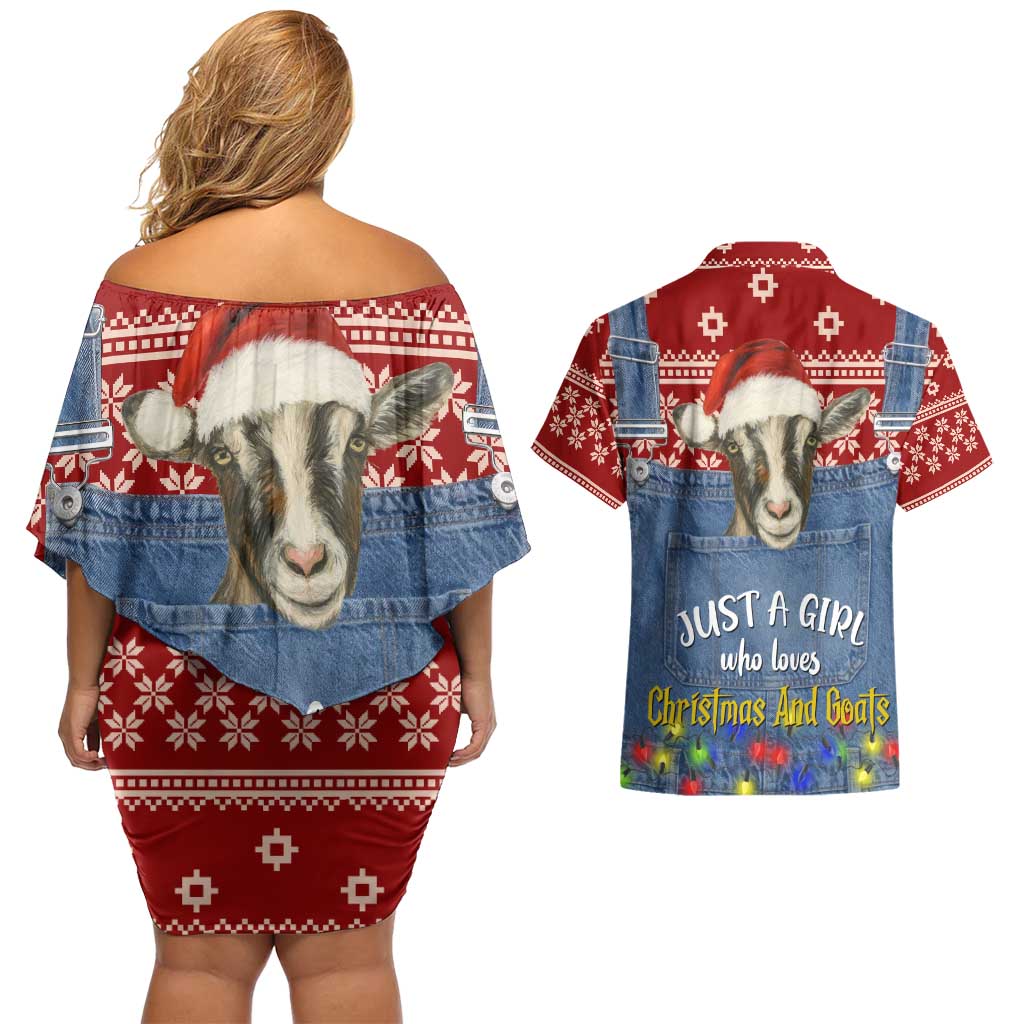Just A Girl Who Loves Christmas And Goats Ugly Christma Couples Matching Off Shoulder Short Dress and Hawaiian Shirt Funny Xmas Holiday Patterns - Wonder Print Shop