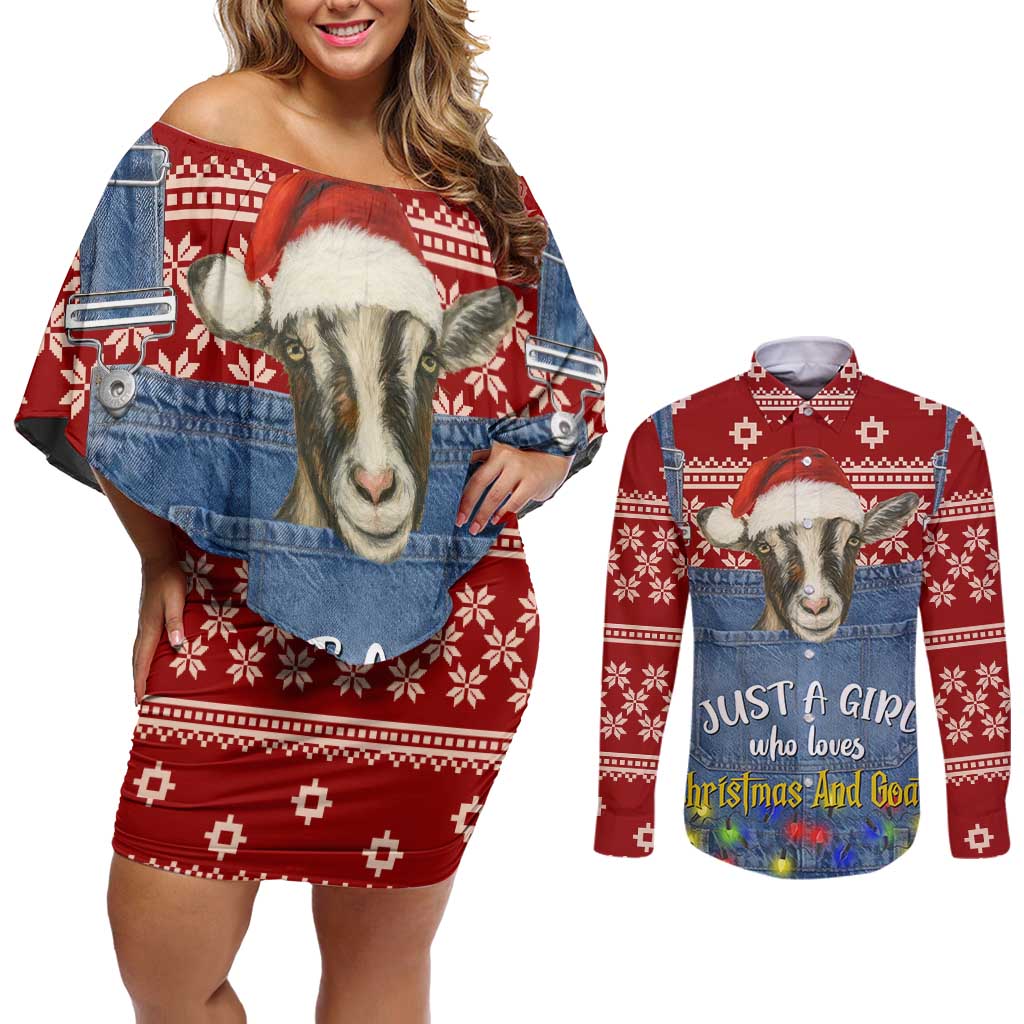 Just A Girl Who Loves Christmas And Goats Ugly Christma Couples Matching Off Shoulder Short Dress and Long Sleeve Button Shirt Funny Xmas Holiday Patterns - Wonder Print Shop