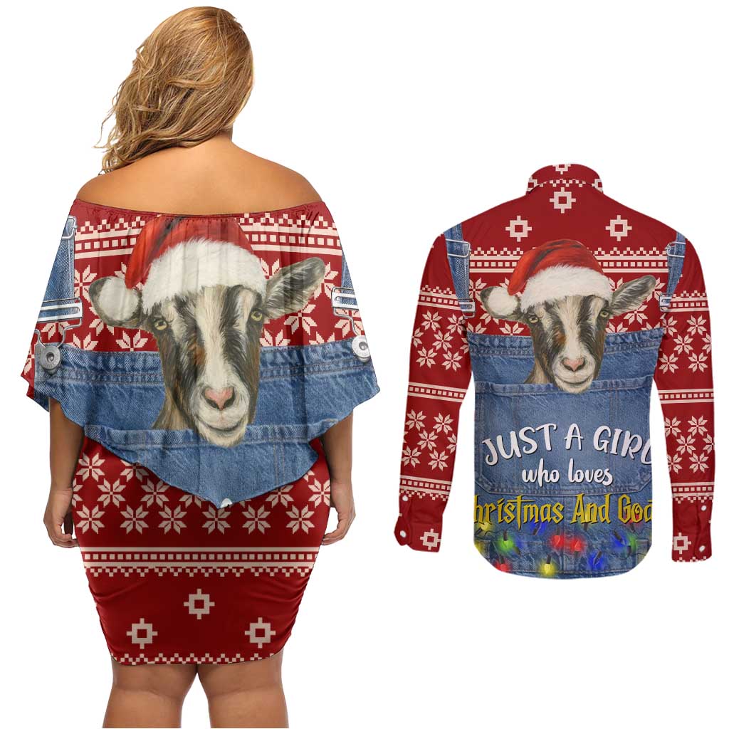 Just A Girl Who Loves Christmas And Goats Ugly Christma Couples Matching Off Shoulder Short Dress and Long Sleeve Button Shirt Funny Xmas Holiday Patterns - Wonder Print Shop