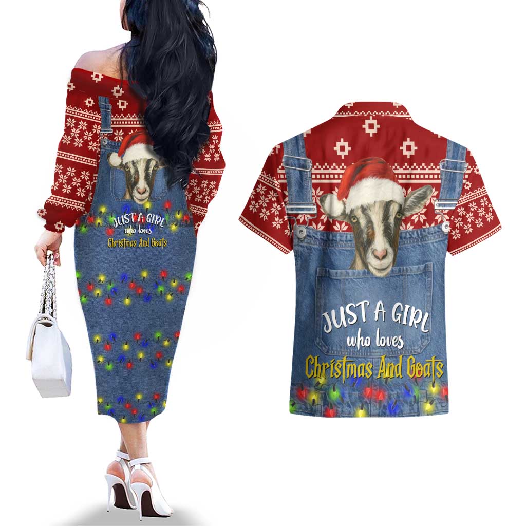 Just A Girl Who Loves Christmas And Goats Ugly Christma Couples Matching Off The Shoulder Long Sleeve Dress and Hawaiian Shirt Funny Xmas Holiday Patterns - Wonder Print Shop