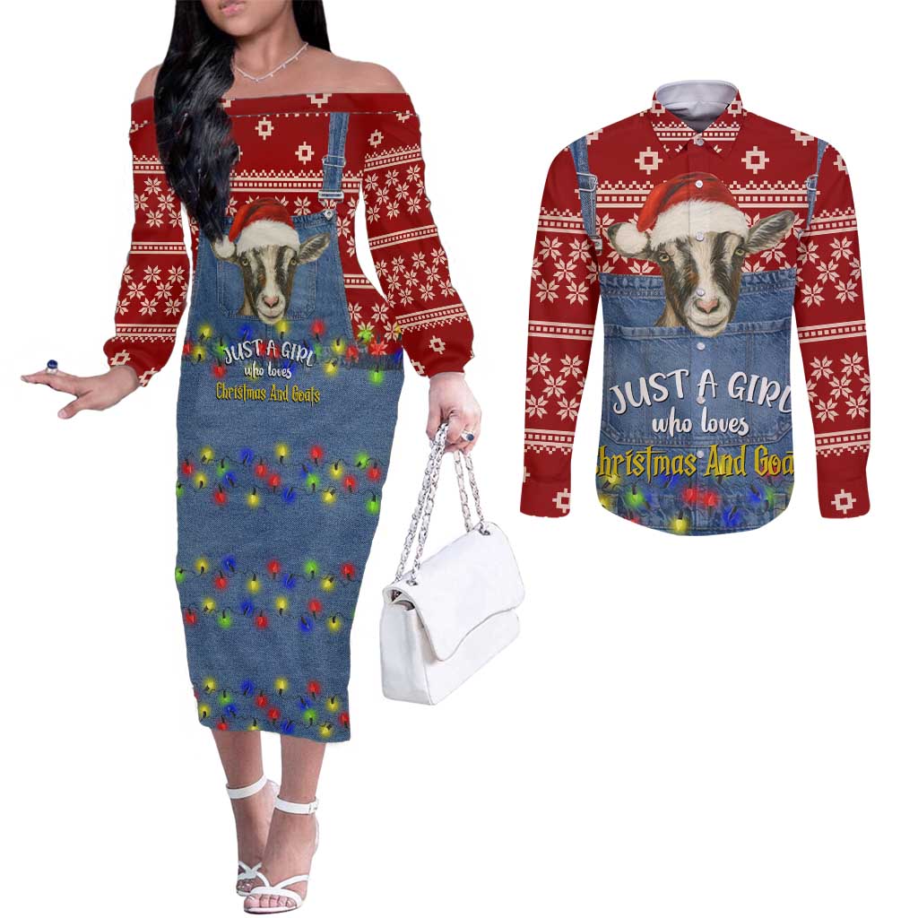 Just A Girl Who Loves Christmas And Goats Ugly Christma Couples Matching Off The Shoulder Long Sleeve Dress and Long Sleeve Button Shirt Funny Xmas Holiday Patterns - Wonder Print Shop