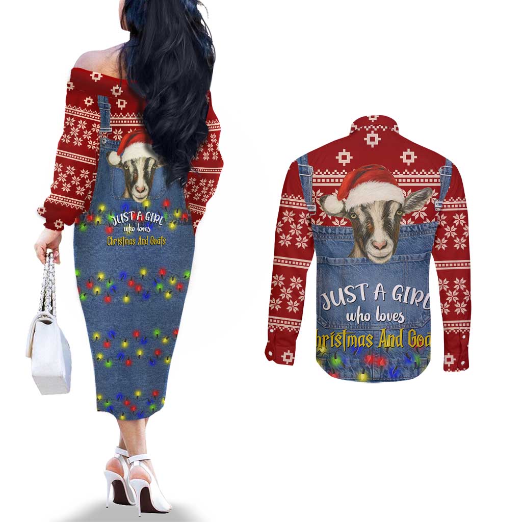 Just A Girl Who Loves Christmas And Goats Ugly Christma Couples Matching Off The Shoulder Long Sleeve Dress and Long Sleeve Button Shirt Funny Xmas Holiday Patterns - Wonder Print Shop