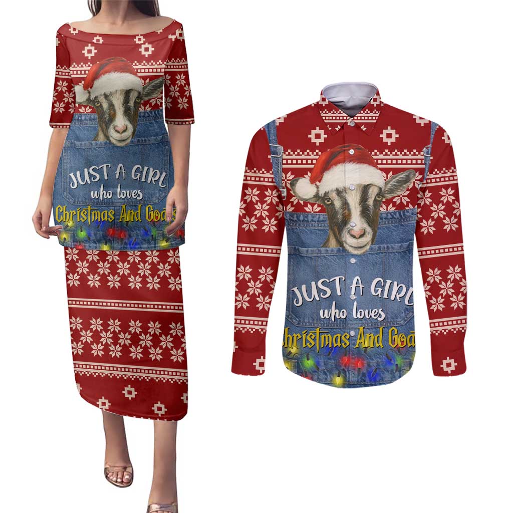 Just A Girl Who Loves Christmas And Goats Ugly Christma Couples Matching Puletasi and Long Sleeve Button Shirt Funny Xmas Holiday Patterns - Wonder Print Shop