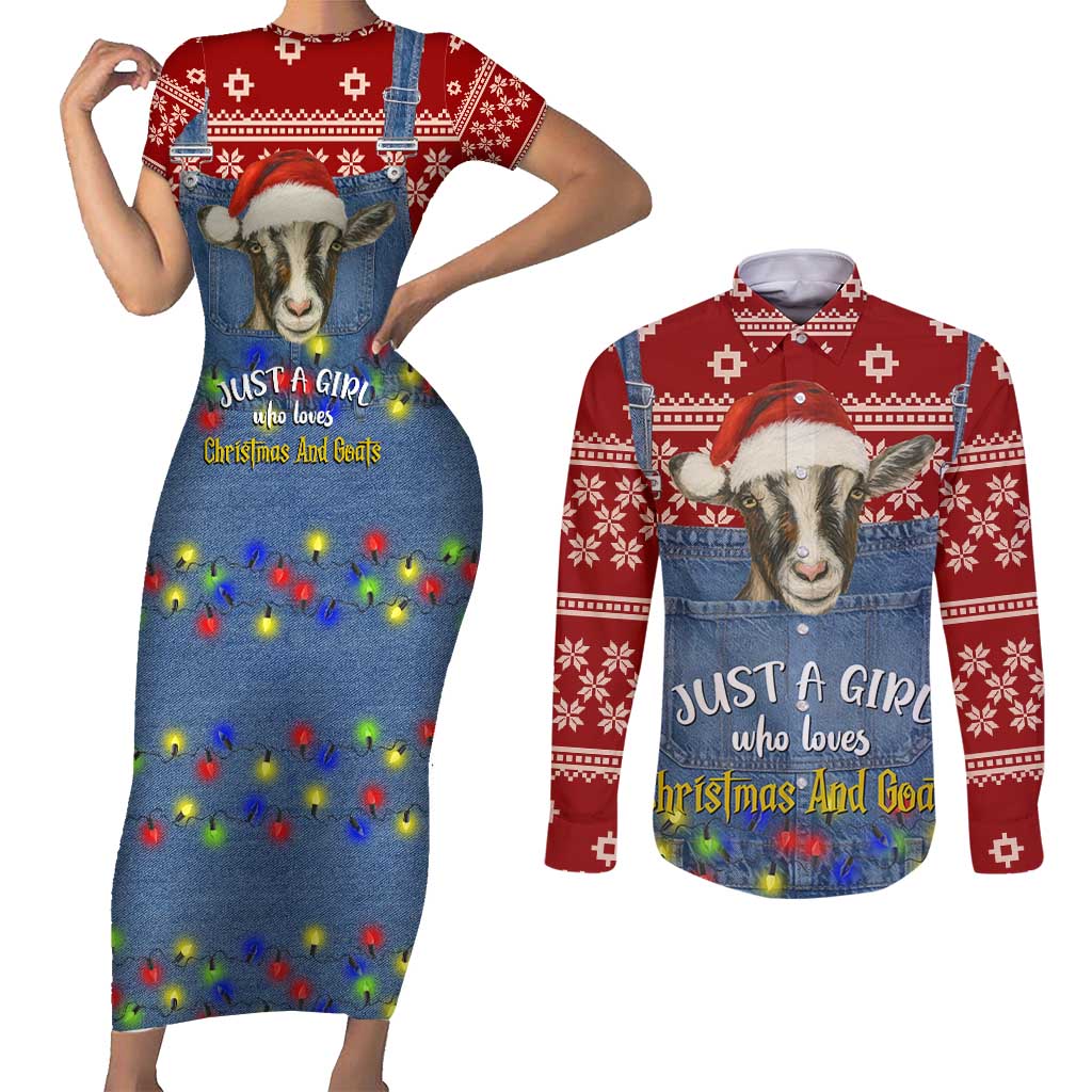 Just A Girl Who Loves Christmas And Goats Ugly Christma Couples Matching Short Sleeve Bodycon Dress and Long Sleeve Button Shirt Funny Xmas Holiday Patterns - Wonder Print Shop