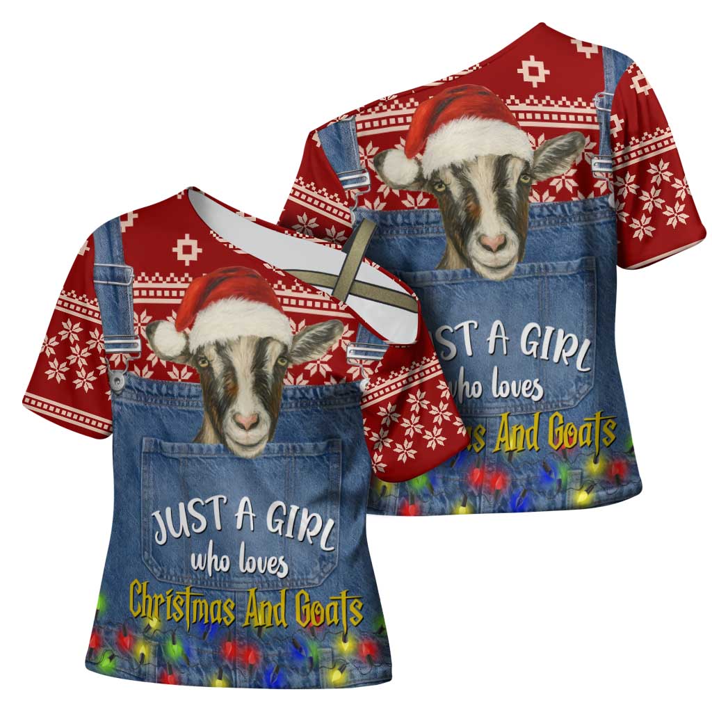 Just A Girl Who Loves Christmas And Goats Ugly Christma Cross Shoulder Shirt Funny Xmas Holiday Patterns - Wonder Print Shop