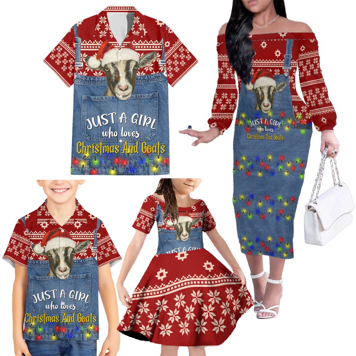 Just A Girl Who Loves Christmas And Goats Ugly Christma Family Matching Off The Shoulder Long Sleeve Dress and Hawaiian Shirt Funny Xmas Holiday Patterns - Wonder Print Shop