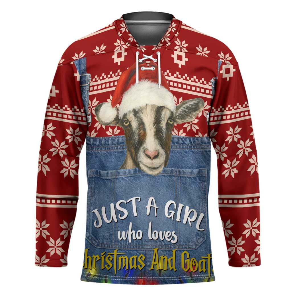 Just A Girl Who Loves Christmas And Goats Ugly Christma Hockey Jersey Funny Xmas Holiday Patterns - Wonder Print Shop