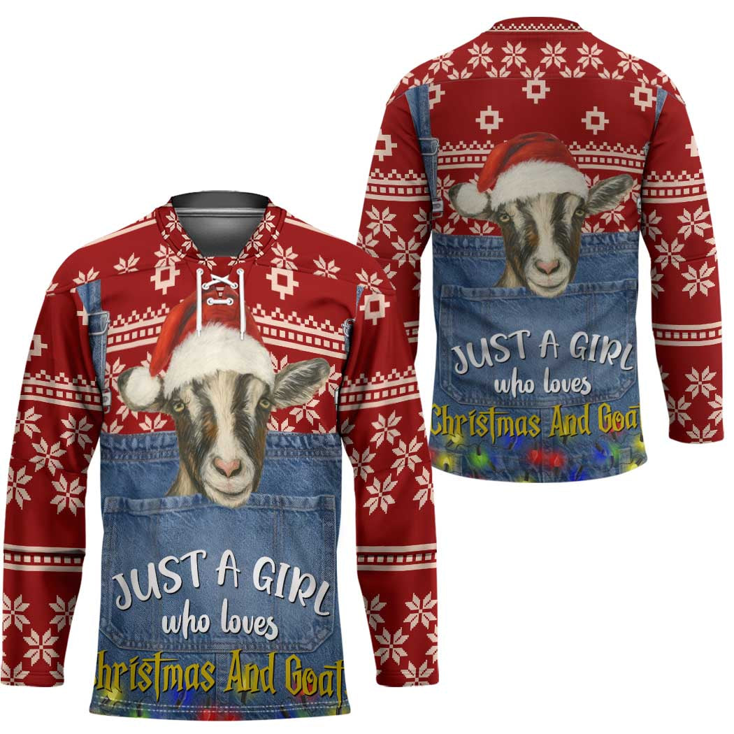 Just A Girl Who Loves Christmas And Goats Ugly Christma Hockey Jersey Funny Xmas Holiday Patterns - Wonder Print Shop