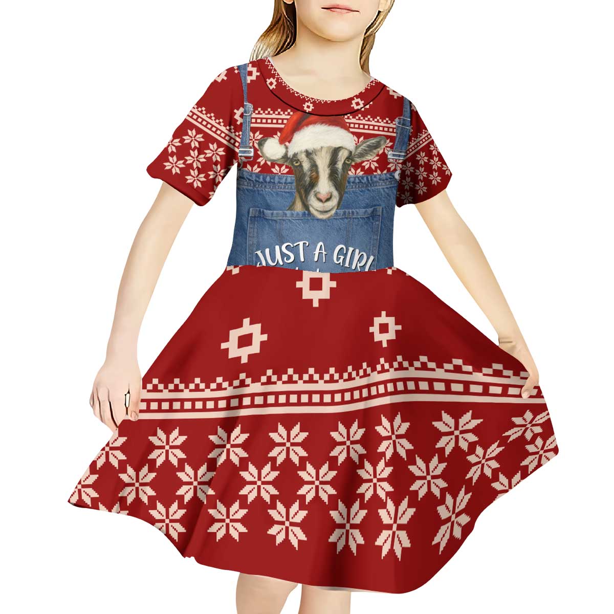 Just A Girl Who Loves Christmas And Goats Ugly Christma Kid Short Sleeve Dress Funny Xmas Holiday Patterns - Wonder Print Shop