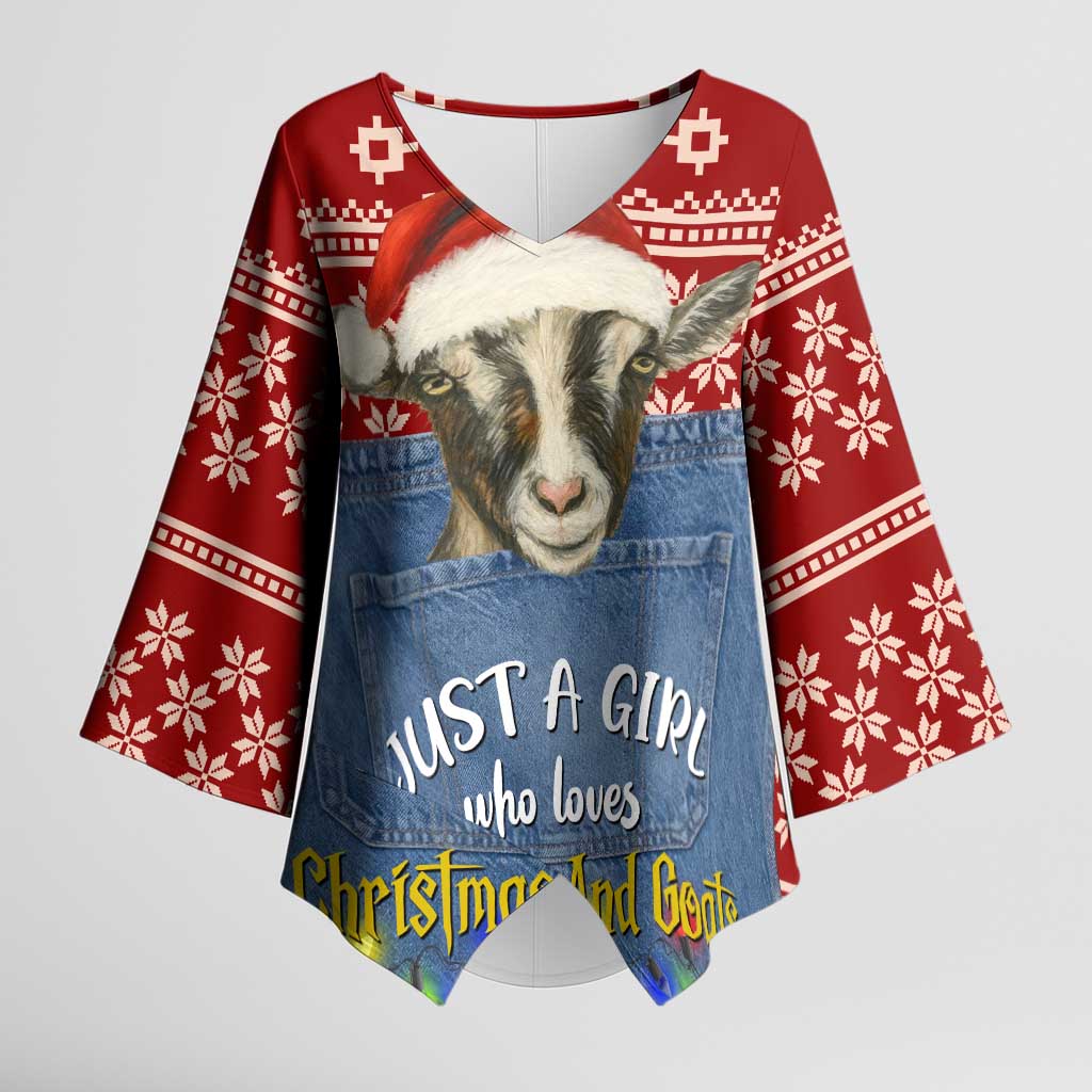 Just A Girl Who Loves Christmas And Goats Ugly Christma Kimono Sleeve Blouse Funny Xmas Holiday Patterns - Wonder Print Shop