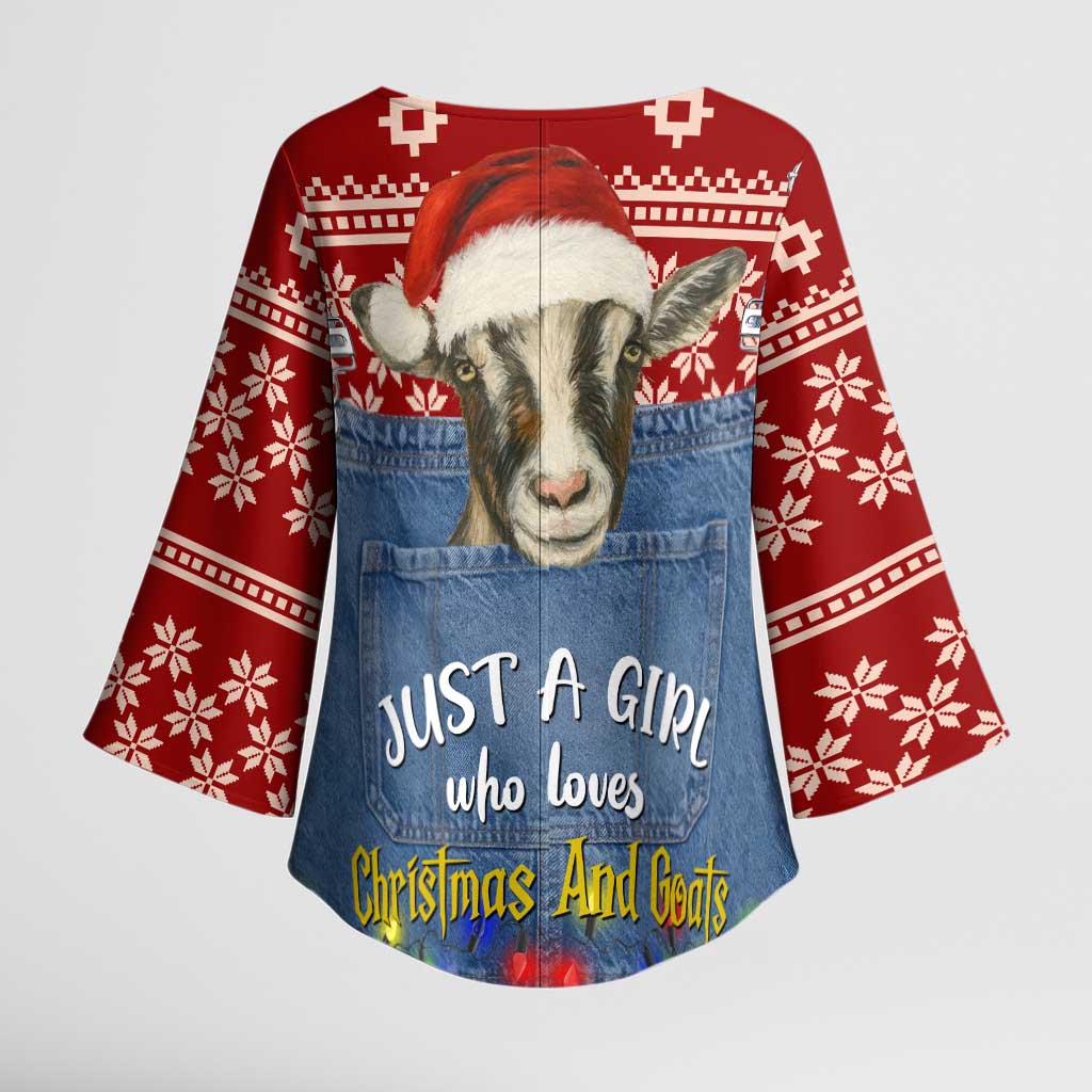 Just A Girl Who Loves Christmas And Goats Ugly Christma Kimono Sleeve Blouse Funny Xmas Holiday Patterns - Wonder Print Shop