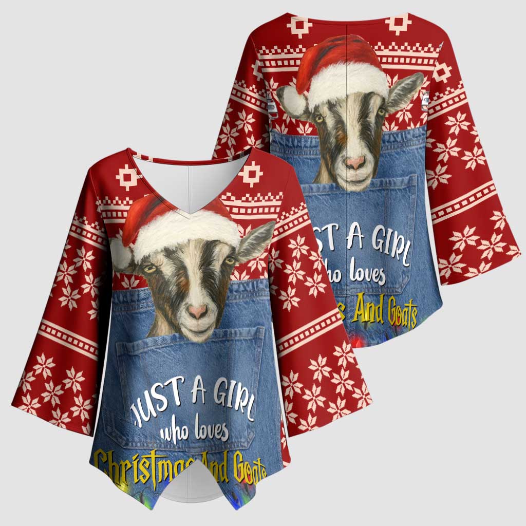 Just A Girl Who Loves Christmas And Goats Ugly Christma Kimono Sleeve Blouse Funny Xmas Holiday Patterns - Wonder Print Shop