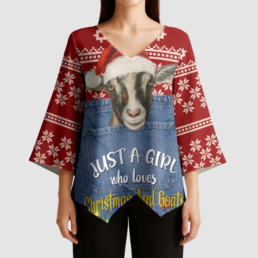 Just A Girl Who Loves Christmas And Goats Ugly Christma Kimono Sleeve Blouse Funny Xmas Holiday Patterns - Wonder Print Shop