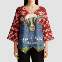 Just A Girl Who Loves Christmas And Goats Ugly Christma Kimono Sleeve Blouse Funny Xmas Holiday Patterns - Wonder Print Shop