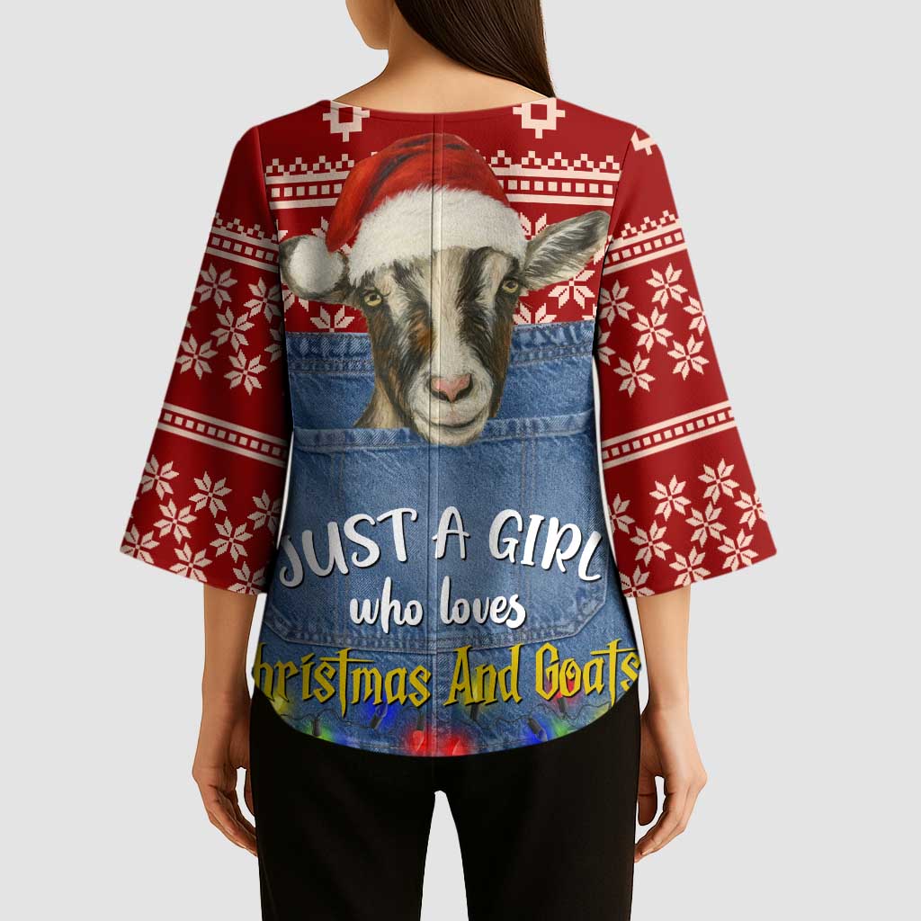 Just A Girl Who Loves Christmas And Goats Ugly Christma Kimono Sleeve Blouse Funny Xmas Holiday Patterns - Wonder Print Shop