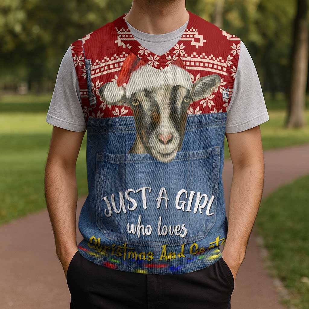 Just A Girl Who Loves Christmas And Goats Ugly Christma Christmas Knitted V-Neck Vest Funny Xmas Holiday Patterns - Wonder Print Shop