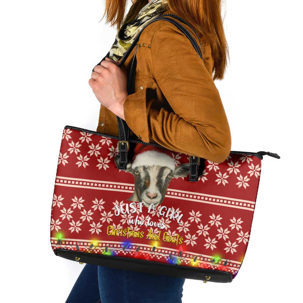 Just A Girl Who Loves Christmas And Goats Ugly Christma Leather Tote Bag Funny Xmas Holiday Patterns - Wonder Print Shop