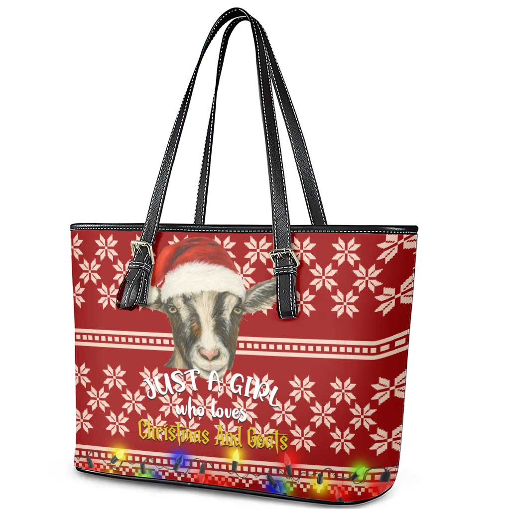 Just A Girl Who Loves Christmas And Goats Ugly Christma Leather Tote Bag Funny Xmas Holiday Patterns - Wonder Print Shop