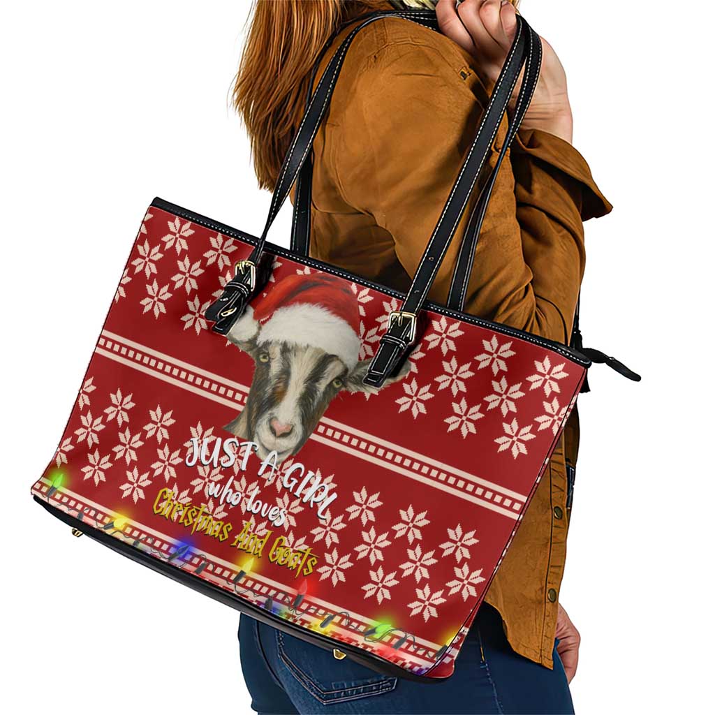 Just A Girl Who Loves Christmas And Goats Ugly Christma Leather Tote Bag Funny Xmas Holiday Patterns - Wonder Print Shop