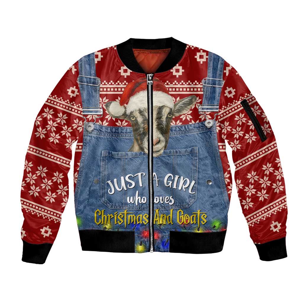 Just A Girl Who Loves Christmas And Goats Ugly Christma Sleeve Zip Bomber Jacket Funny Xmas Holiday Patterns - Wonder Print Shop