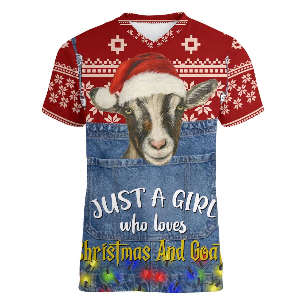 Just A Girl Who Loves Christmas And Goats Ugly Christma Women V-Neck T-Shirt Funny Xmas Holiday Patterns - Wonder Print Shop