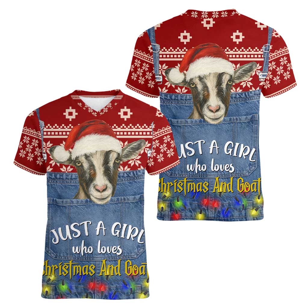 Just A Girl Who Loves Christmas And Goats Ugly Christma Women V-Neck T-Shirt Funny Xmas Holiday Patterns - Wonder Print Shop