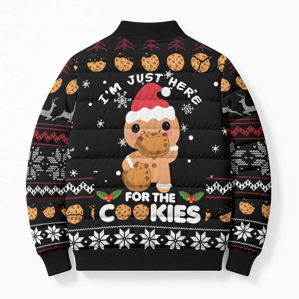 Just Here For The Cookies Christmas Bomber Puffer Jacket Funny Xmas Holiday Patterns - Wonder Print Shop