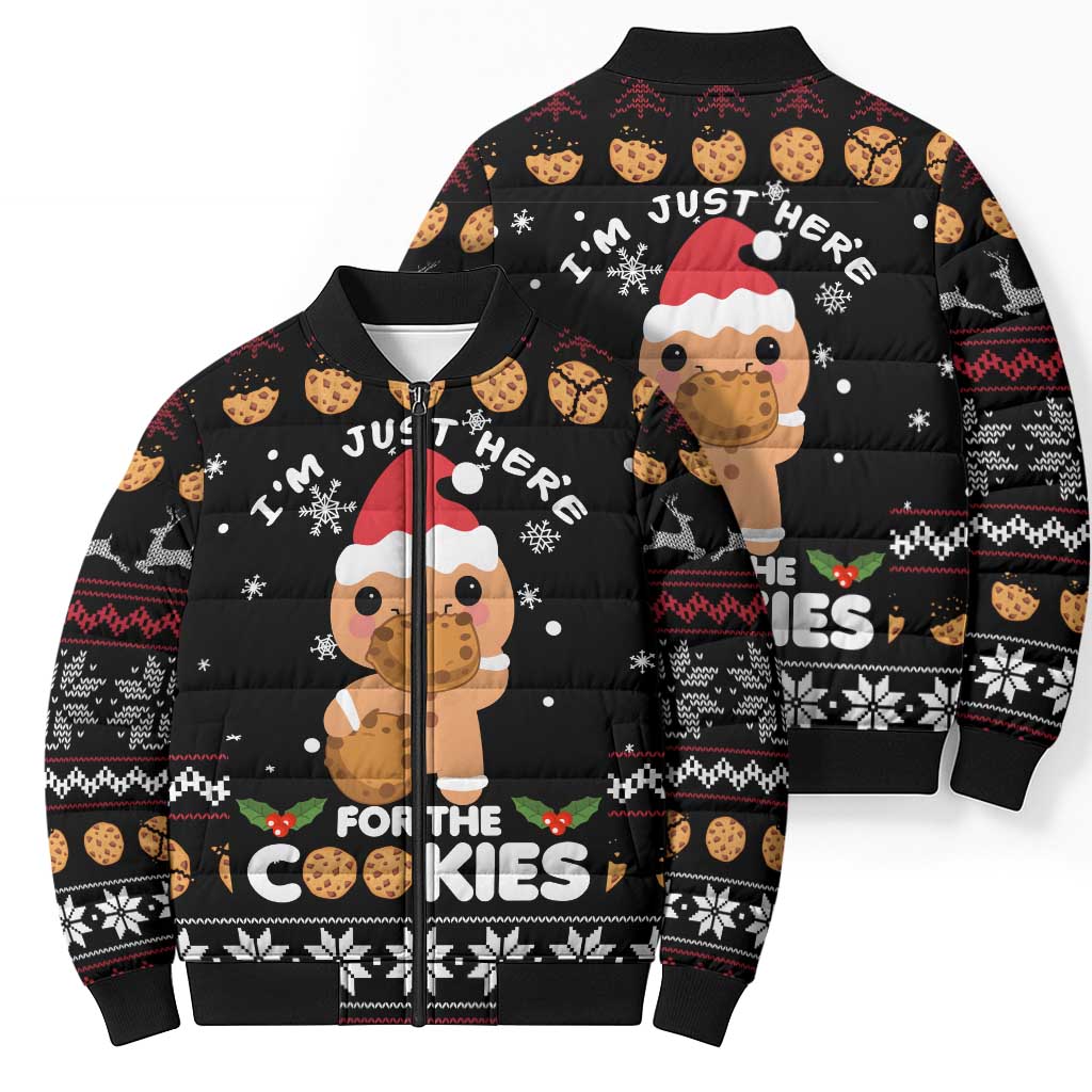 Just Here For The Cookies Christmas Bomber Puffer Jacket Funny Xmas Holiday Patterns - Wonder Print Shop