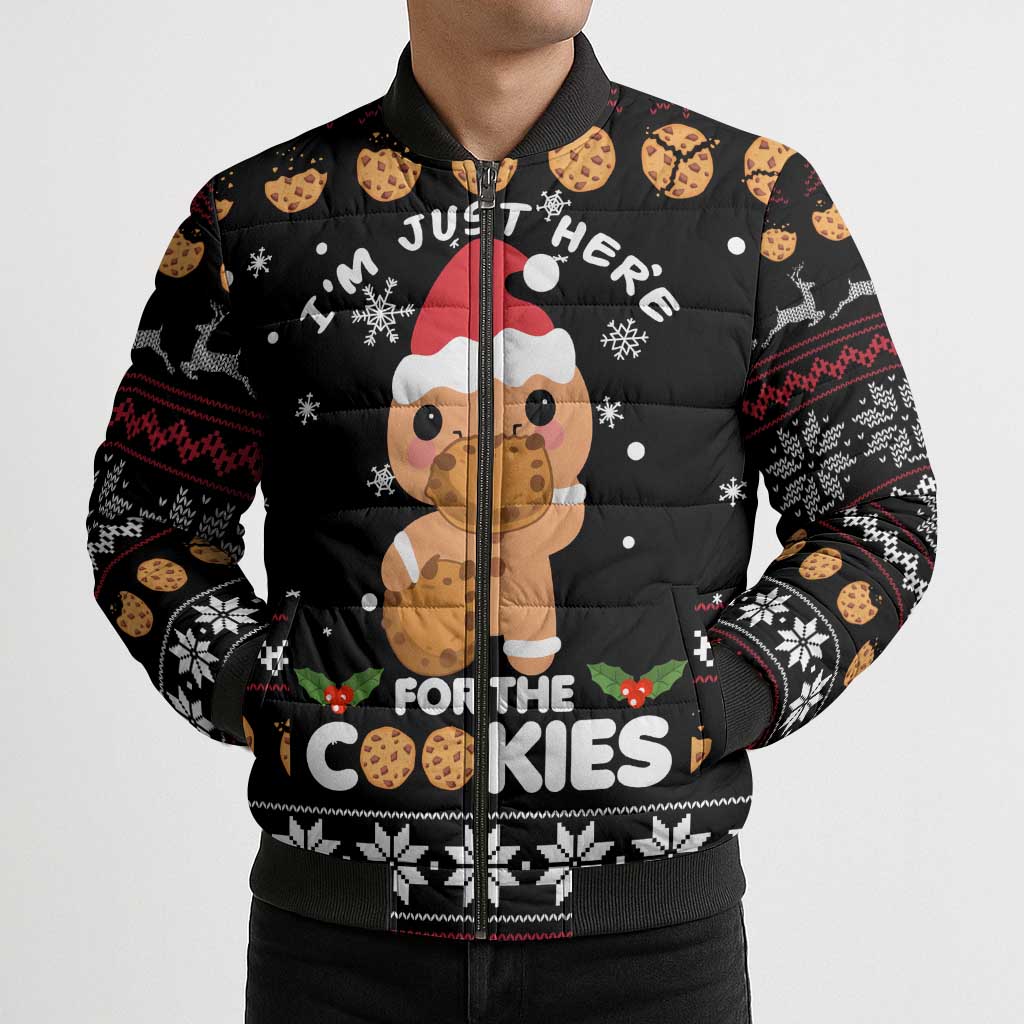 Just Here For The Cookies Christmas Bomber Puffer Jacket Funny Xmas Holiday Patterns - Wonder Print Shop
