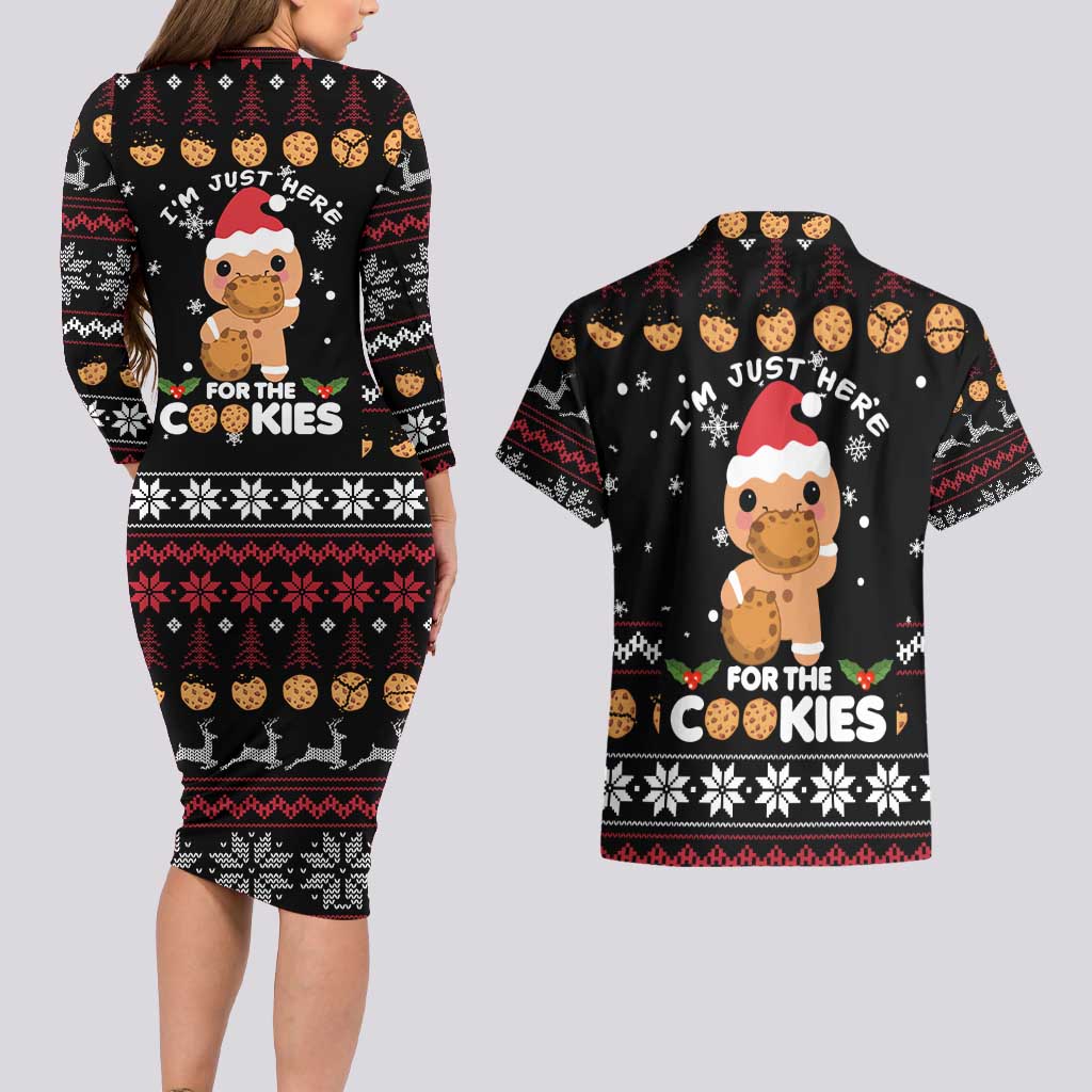 Just Here For The Cookies Christmas Couples Matching Long Sleeve Bodycon Dress and Hawaiian Shirt Funny Xmas Holiday Patterns - Wonder Print Shop