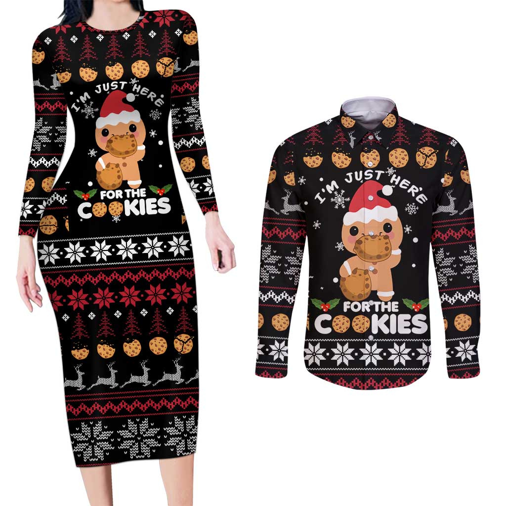 Just Here For The Cookies Christmas Couples Matching Long Sleeve Bodycon Dress and Long Sleeve Button Shirt Funny Xmas Holiday Patterns - Wonder Print Shop