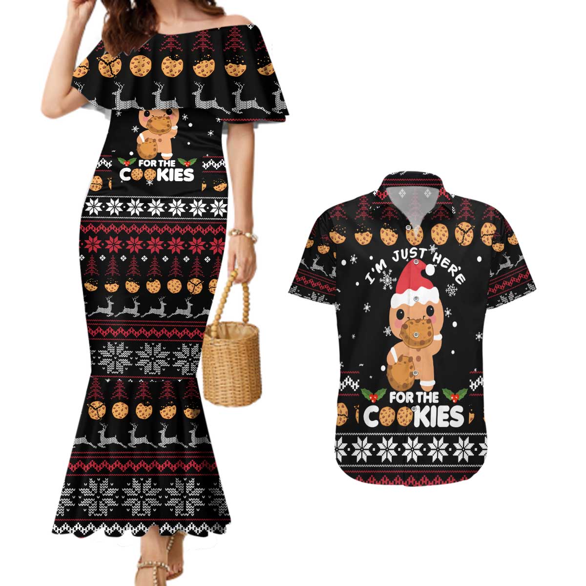 Just Here For The Cookies Christmas Couples Matching Mermaid Dress and Hawaiian Shirt Funny Xmas Holiday Patterns - Wonder Print Shop